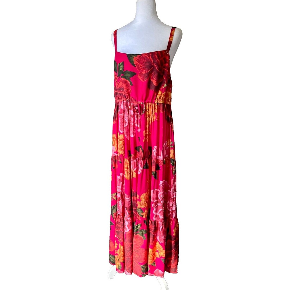 Farm Rio Tiered Maxi Dress Sz M Pink Vibrant Floral Boho Free Spirited Feminine - Picture 4 of 14